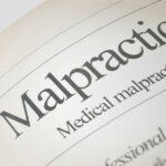 A close-up of a newspaper journal with the title "Malpractice; Medical Malpractice" at the very top.